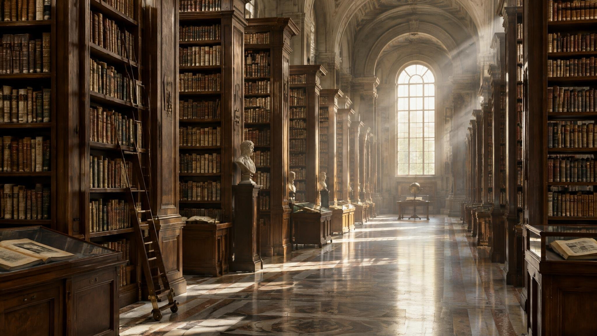 Grand library archive hall with tall bookshelves and soft light